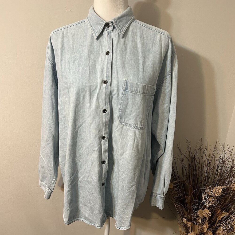 Vtg Andrew’s Blues 90s Women Light Blue Denim Button Up Shirt 100% Cotton Sz L